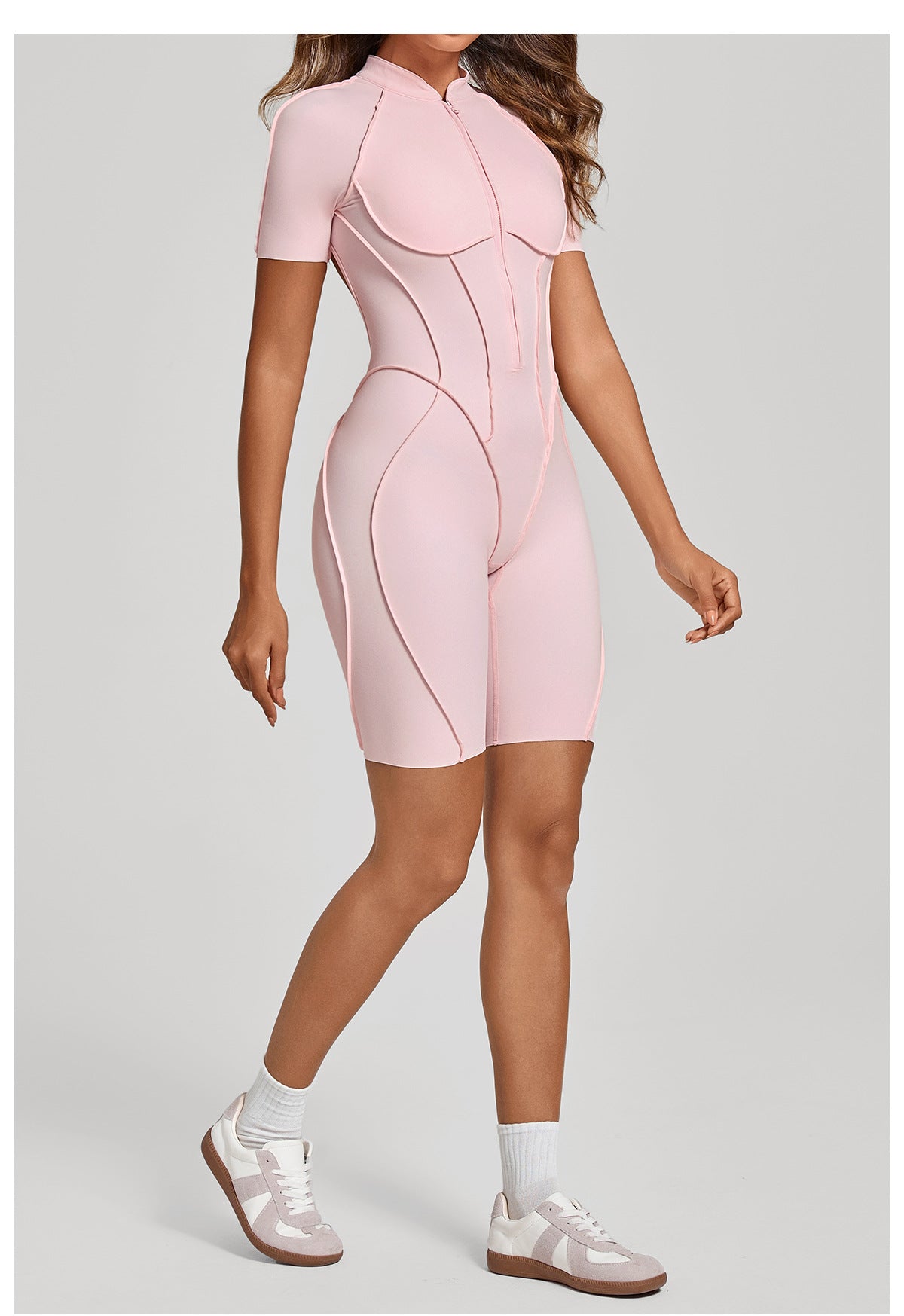 Zip Front Open Back Sculpt Seam Short Romper