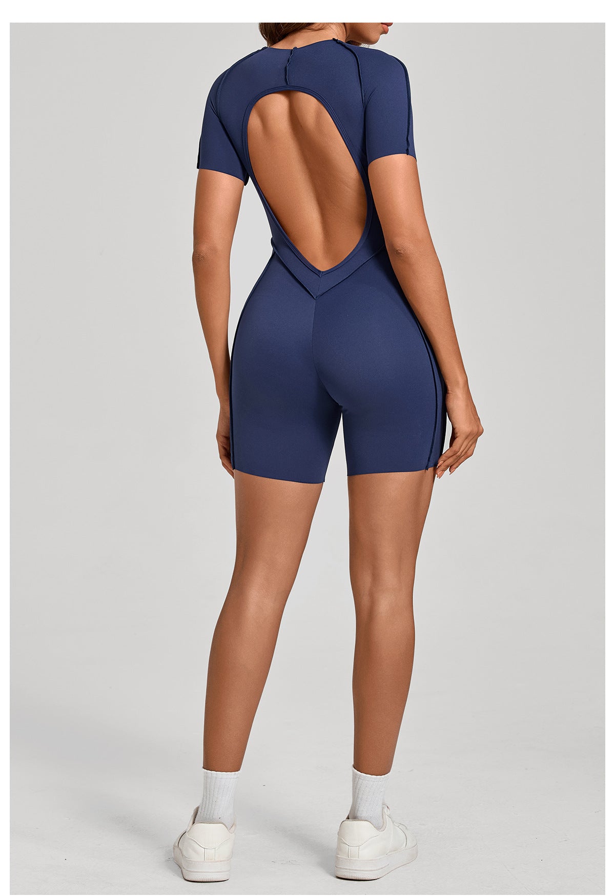 Lila Zen Sculpted Open-Back Short-Sleeve Yoga Romper
