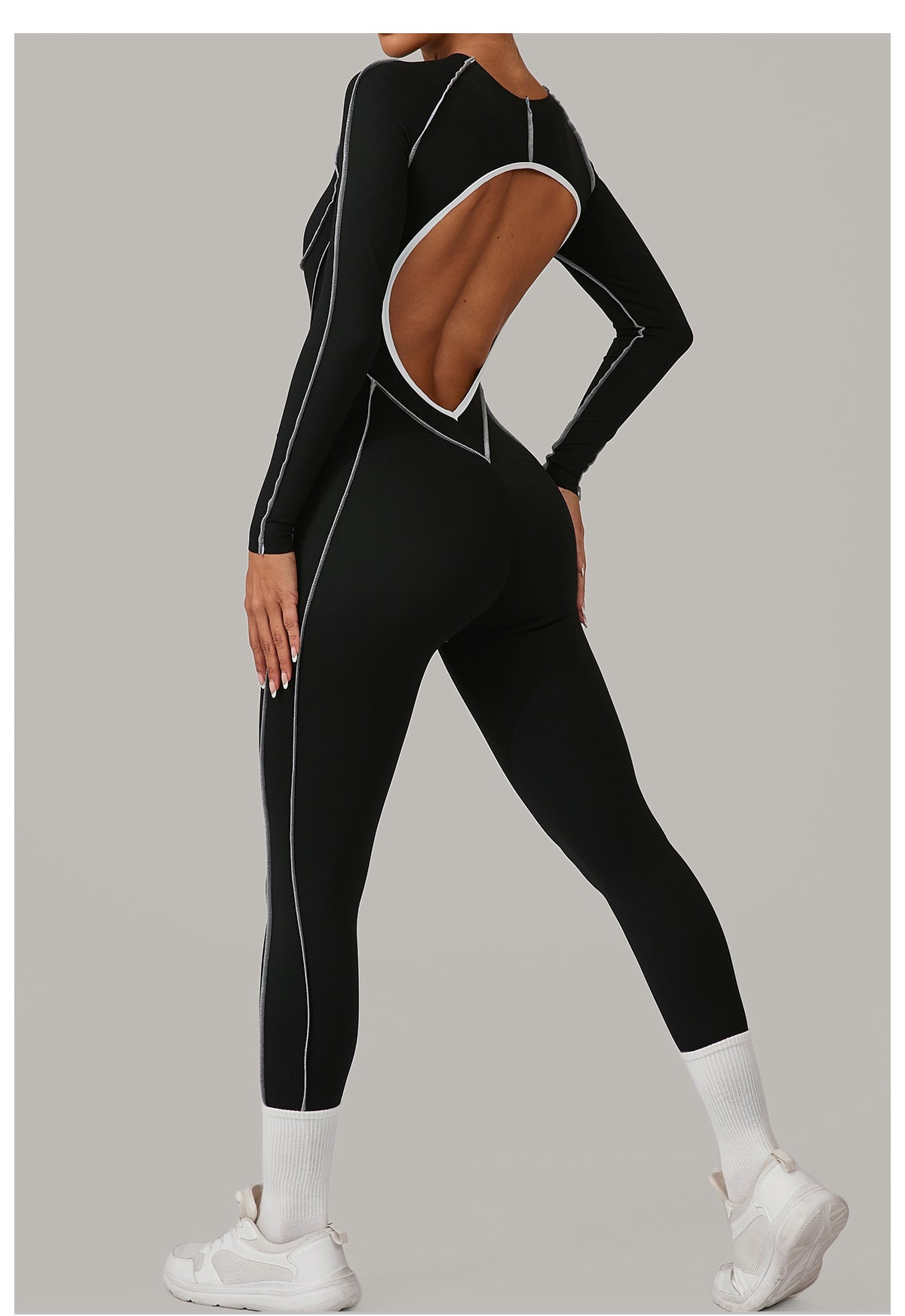 Contrast Seam Open Back Long Sleeve Jumpsuit