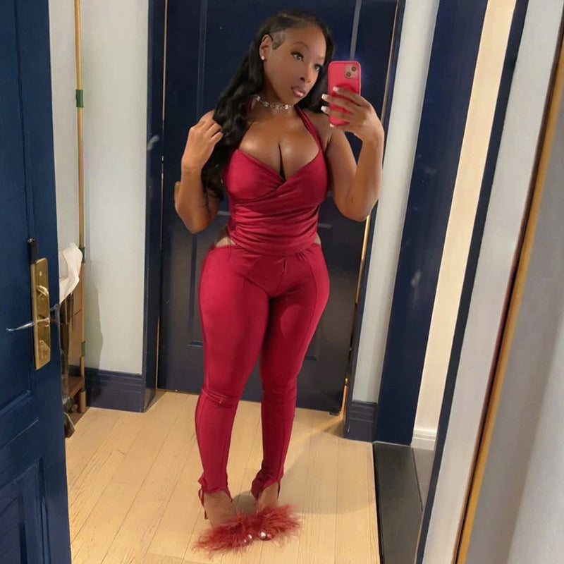 Twist-Front Halter Cutout Split-Hem Pants Set