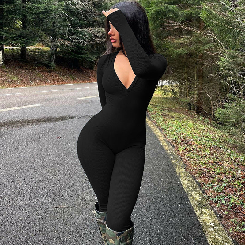 Casual Ribbed Deep V-Neck Long Sleeve Skinny Jumpsuit