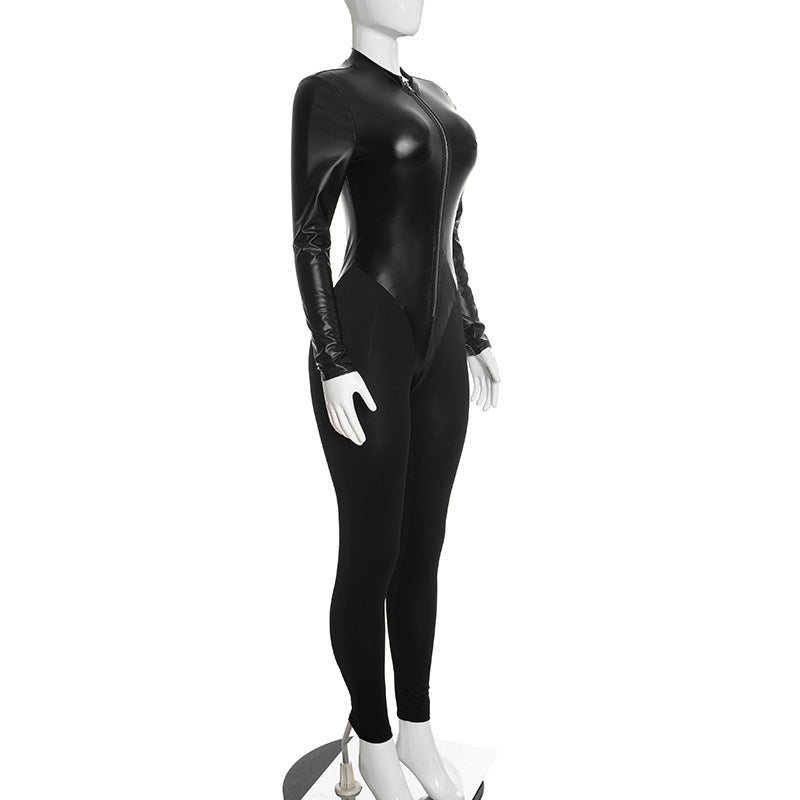 Faux Leather Zip-Front Long Sleeve Jumpsuit