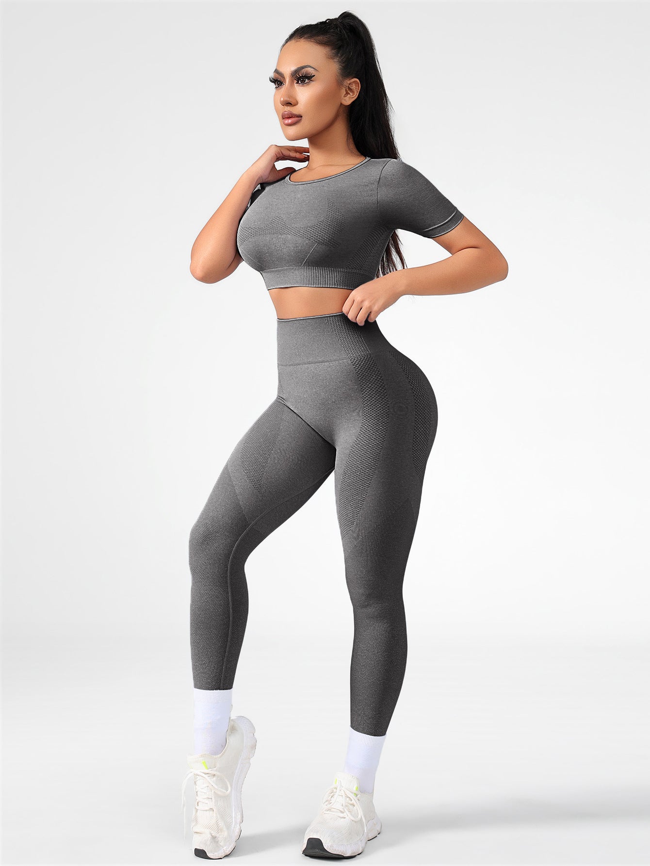 Lila Zen Seamless Gradient Contour Short Sleeve Crop Top & High-Waisted Leggings Set