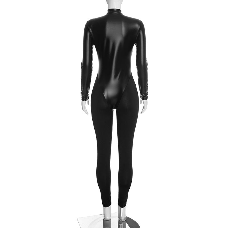 Faux Leather Zip-Front Long Sleeve Jumpsuit