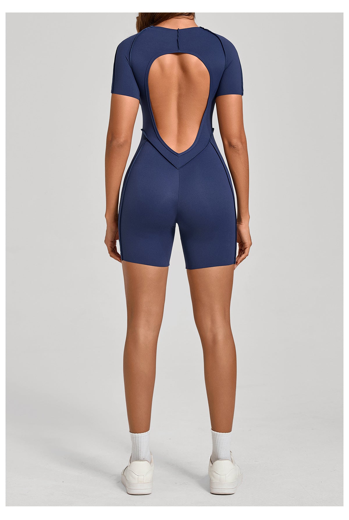 Lila Zen Sculpted Open-Back Short-Sleeve Yoga Romper
