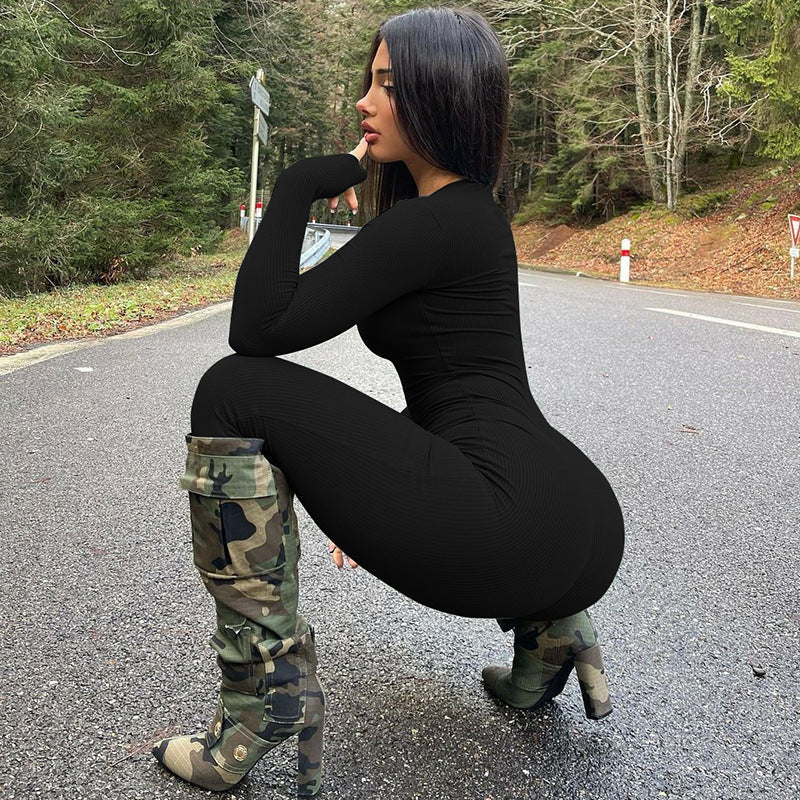 Casual Ribbed Deep V-Neck Long Sleeve Skinny Jumpsuit