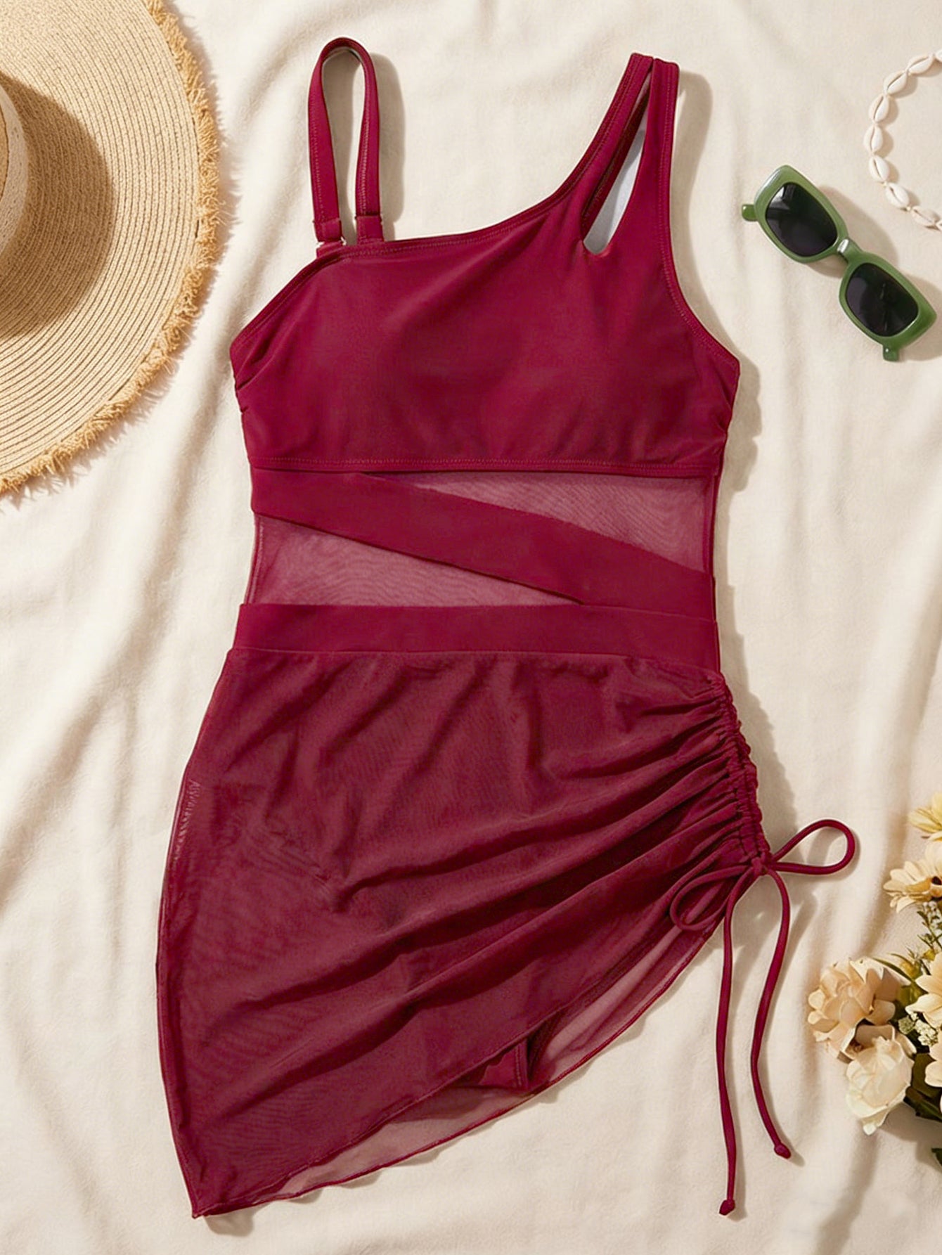 Lila Zen Cutout Mesh Ruched Swim Dress