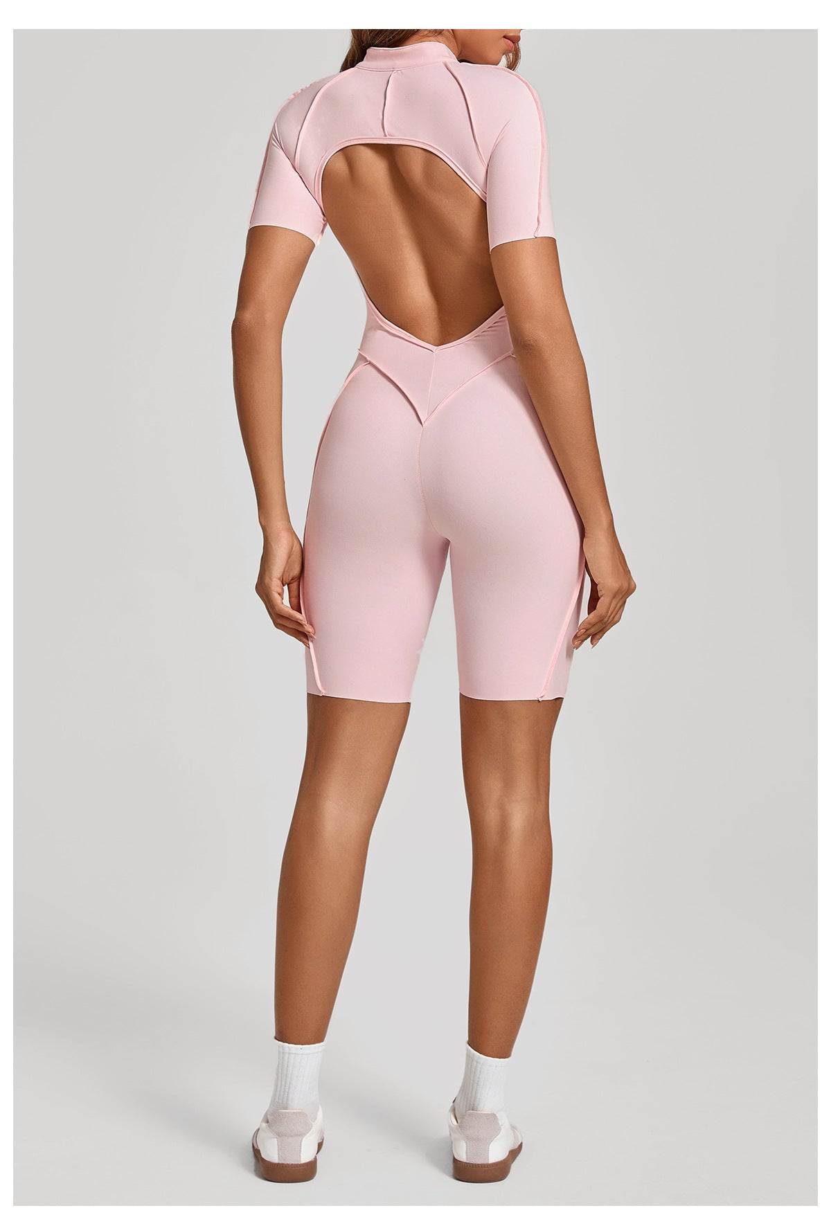 Zip Front Open Back Sculpt Seam Short Romper