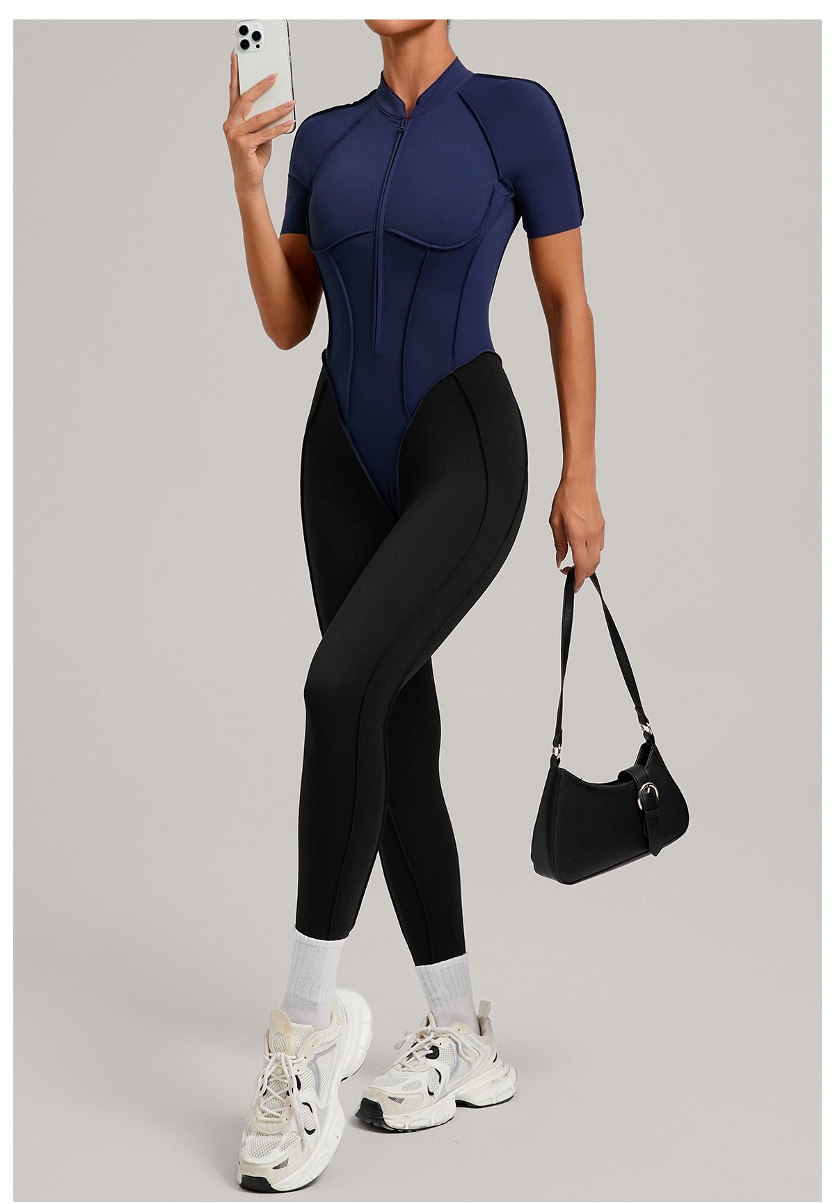 Lila Zen Zip Front Colorblock Backless Active Jumpsuit