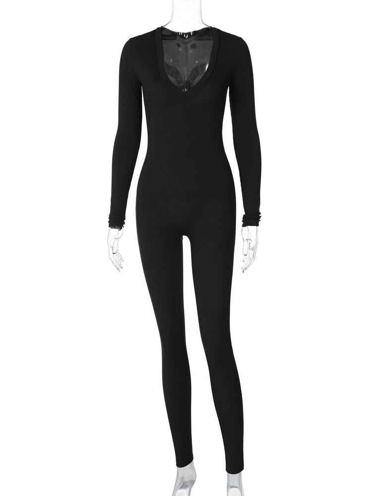 Casual Ribbed Deep V-Neck Long Sleeve Skinny Jumpsuit