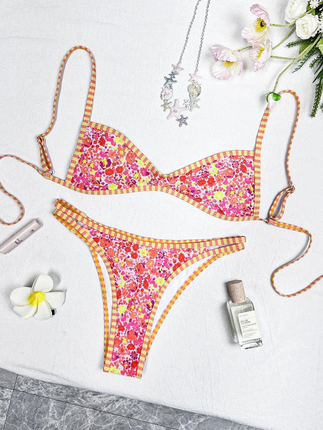 Lila Zen Vintage Print Scoop-Neck Double-Strap Bikini Set