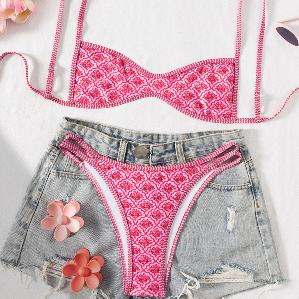Lila Zen Vintage Print Scoop-Neck Double-Strap Bikini Set
