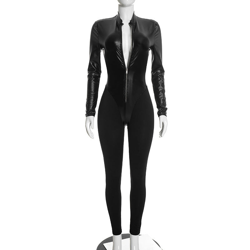 Faux Leather Zip-Front Long Sleeve Jumpsuit