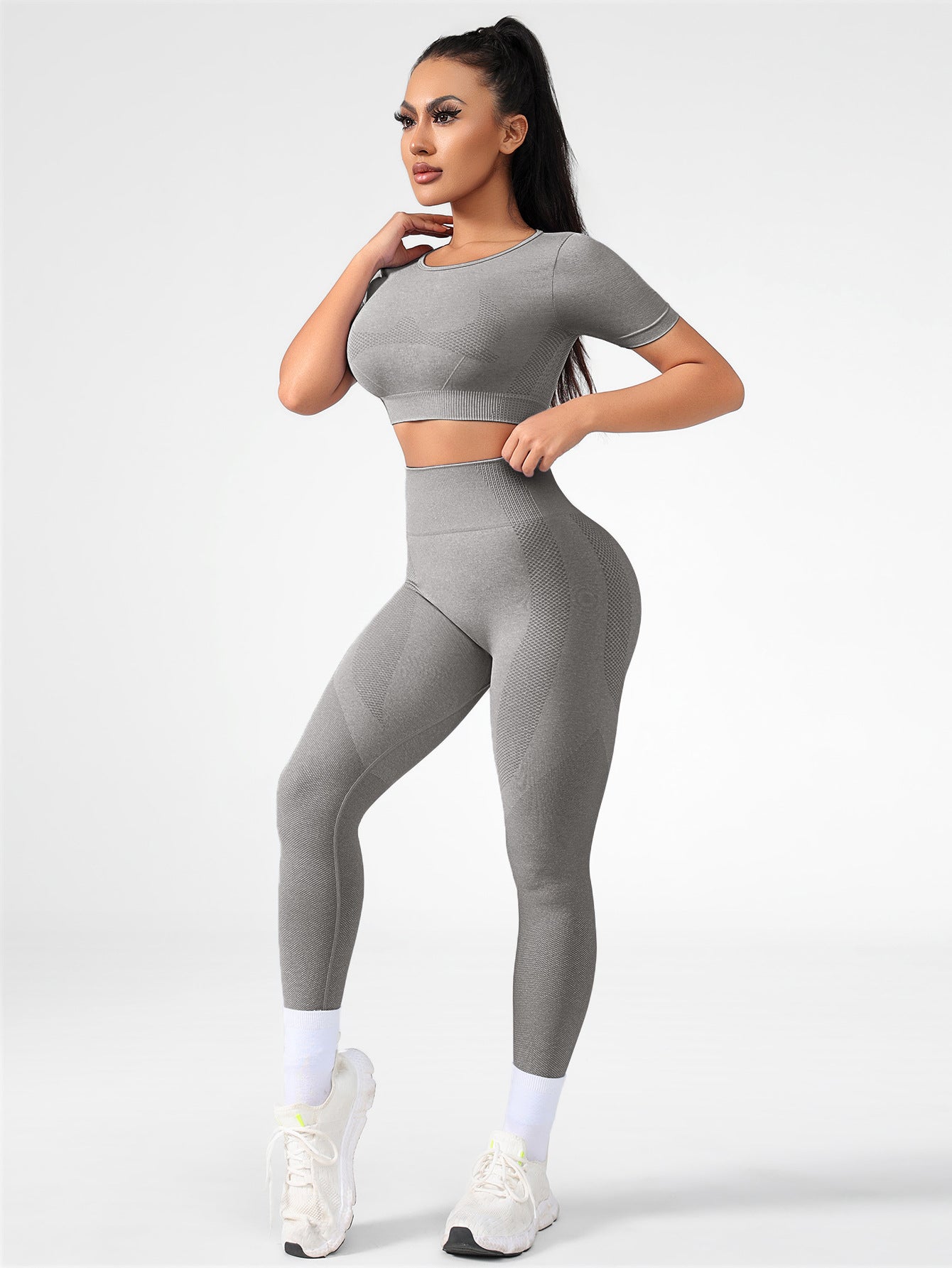 Lila Zen Seamless Gradient Contour Short Sleeve Crop Top & High-Waisted Leggings Set