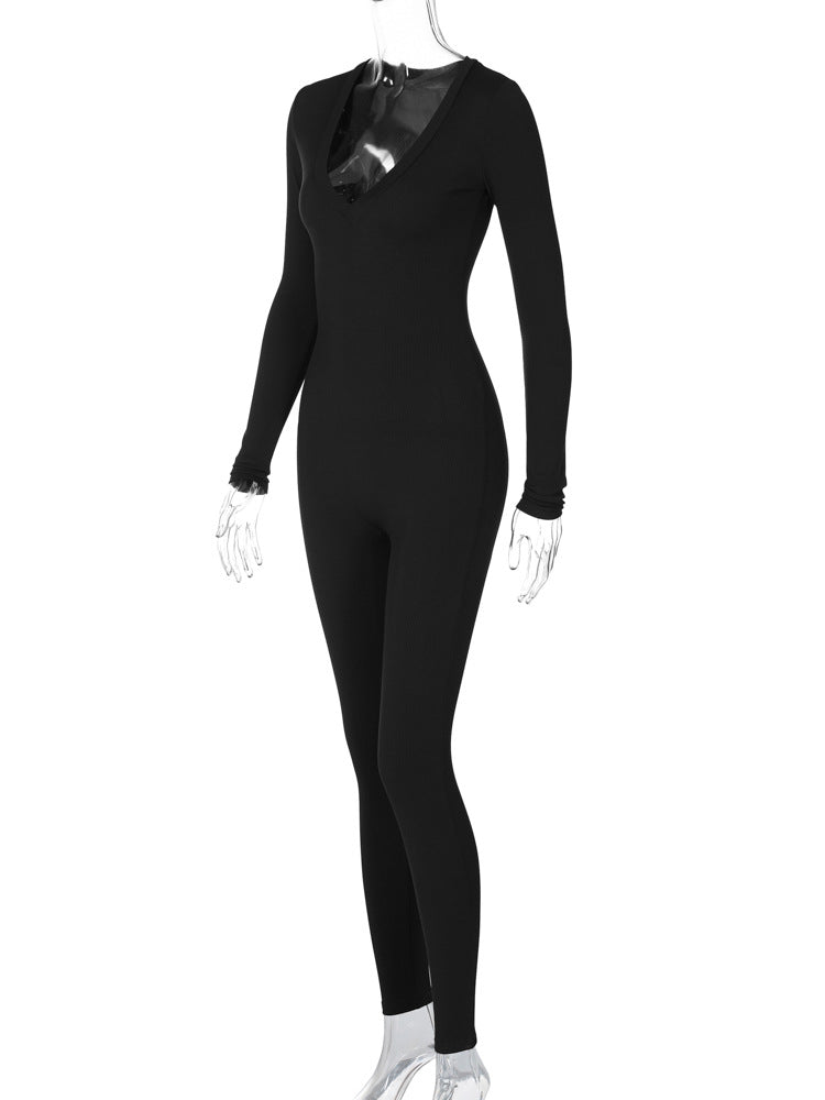 Casual Ribbed Deep V-Neck Long Sleeve Skinny Jumpsuit