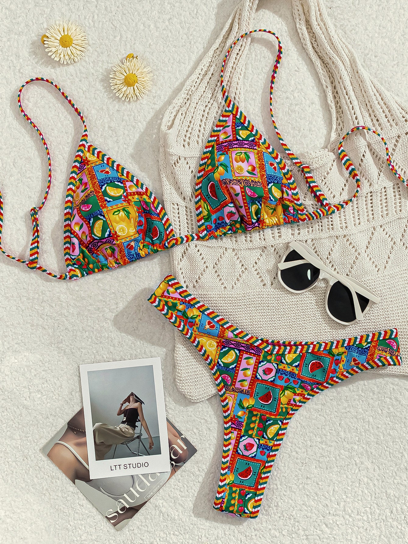 Summer Print Tie Side Triangle Bikini Set