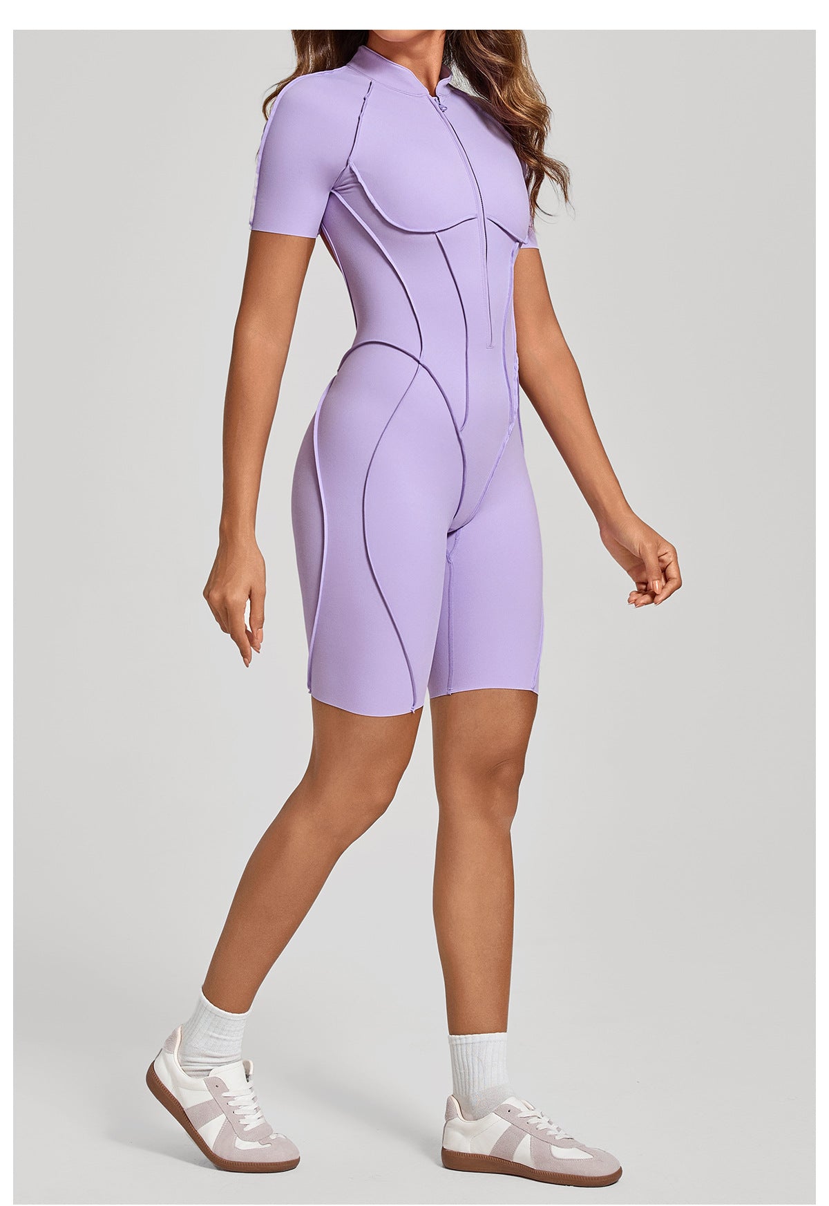 Zip Front Open Back Sculpt Seam Short Romper