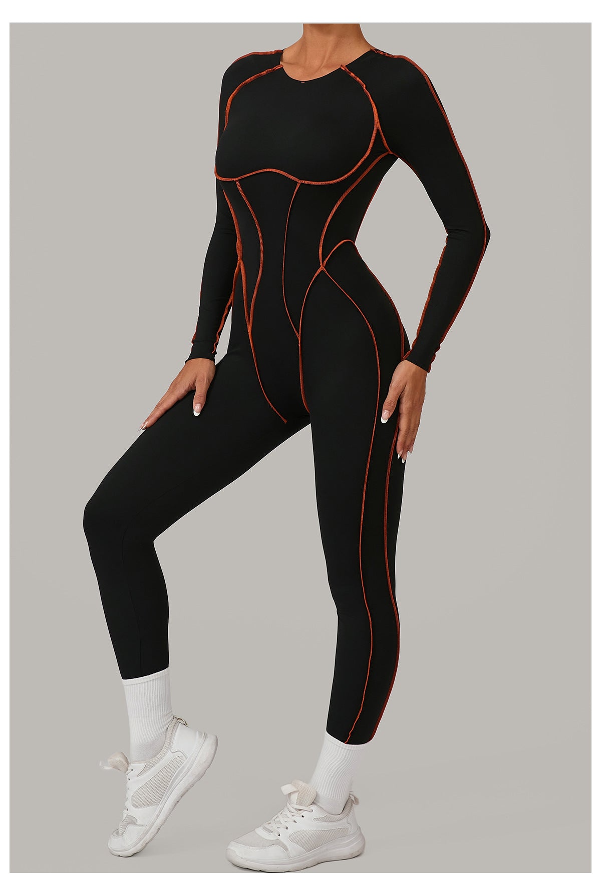 Contrast Seam Open Back Long Sleeve Jumpsuit