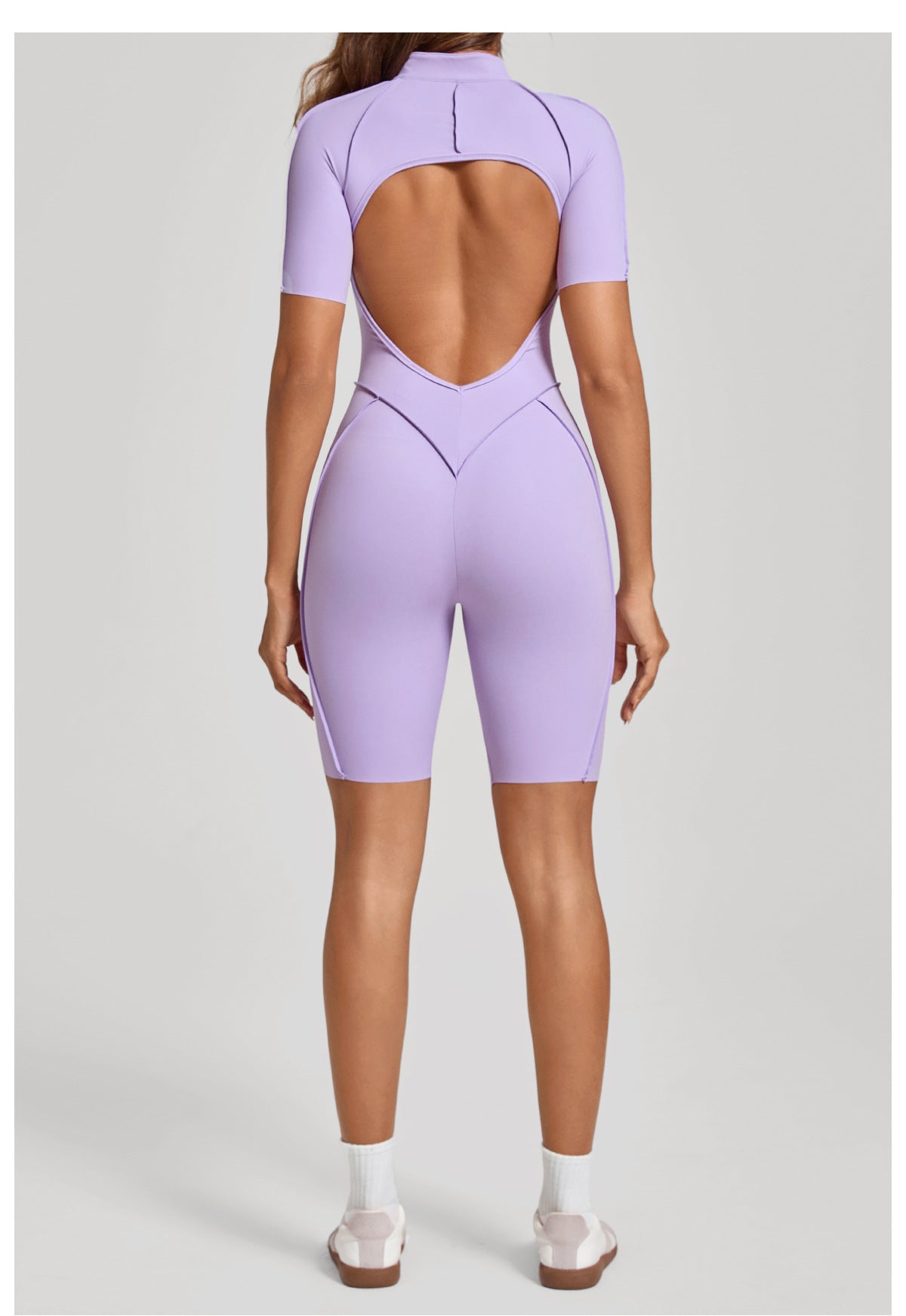 Zip Front Open Back Sculpt Seam Short Romper