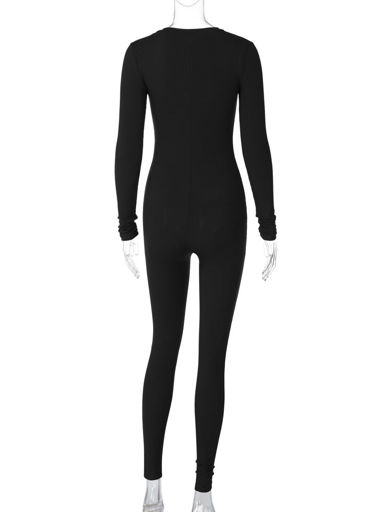 Casual Ribbed Deep V-Neck Long Sleeve Skinny Jumpsuit