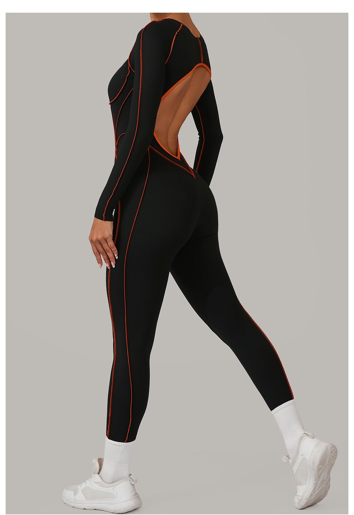 Contrast Seam Open Back Long Sleeve Jumpsuit