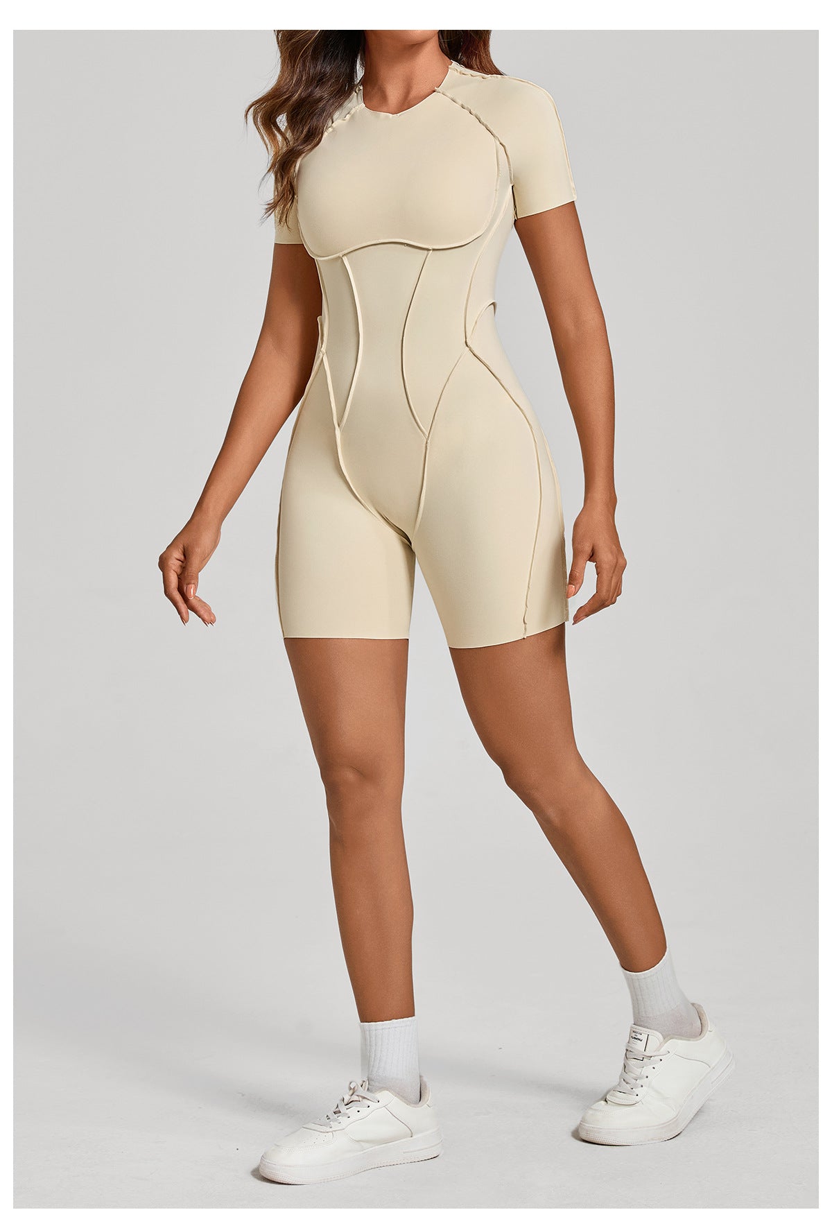 Lila Zen Sculpted Open-Back Short-Sleeve Yoga Romper