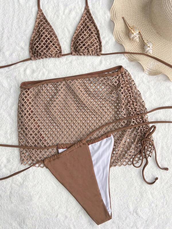 Lila Zen Crochet Triangle Bikini Set with Side-Tie Mesh Skirt