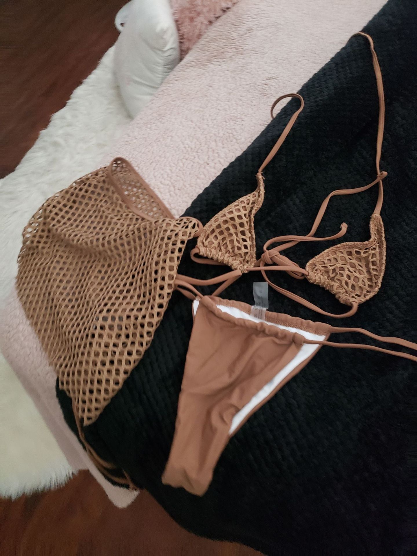 Lila Zen Crochet Triangle Bikini Set with Side-Tie Mesh Skirt