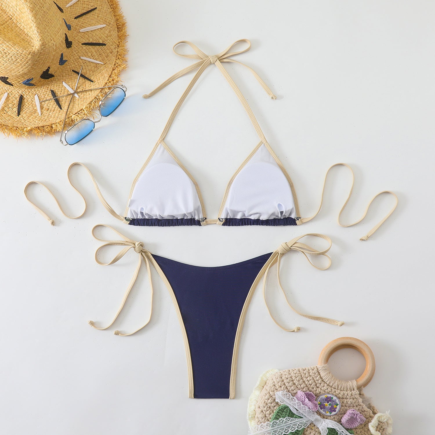 Contrast-Trim Halter Bikini Set