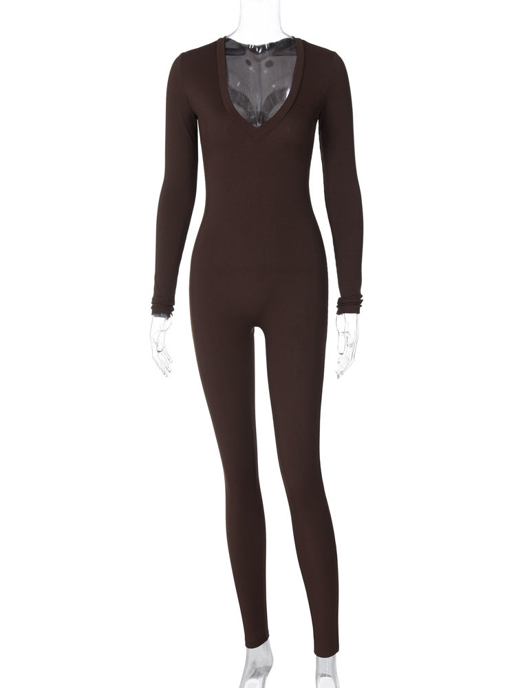 Casual Ribbed Deep V-Neck Long Sleeve Skinny Jumpsuit
