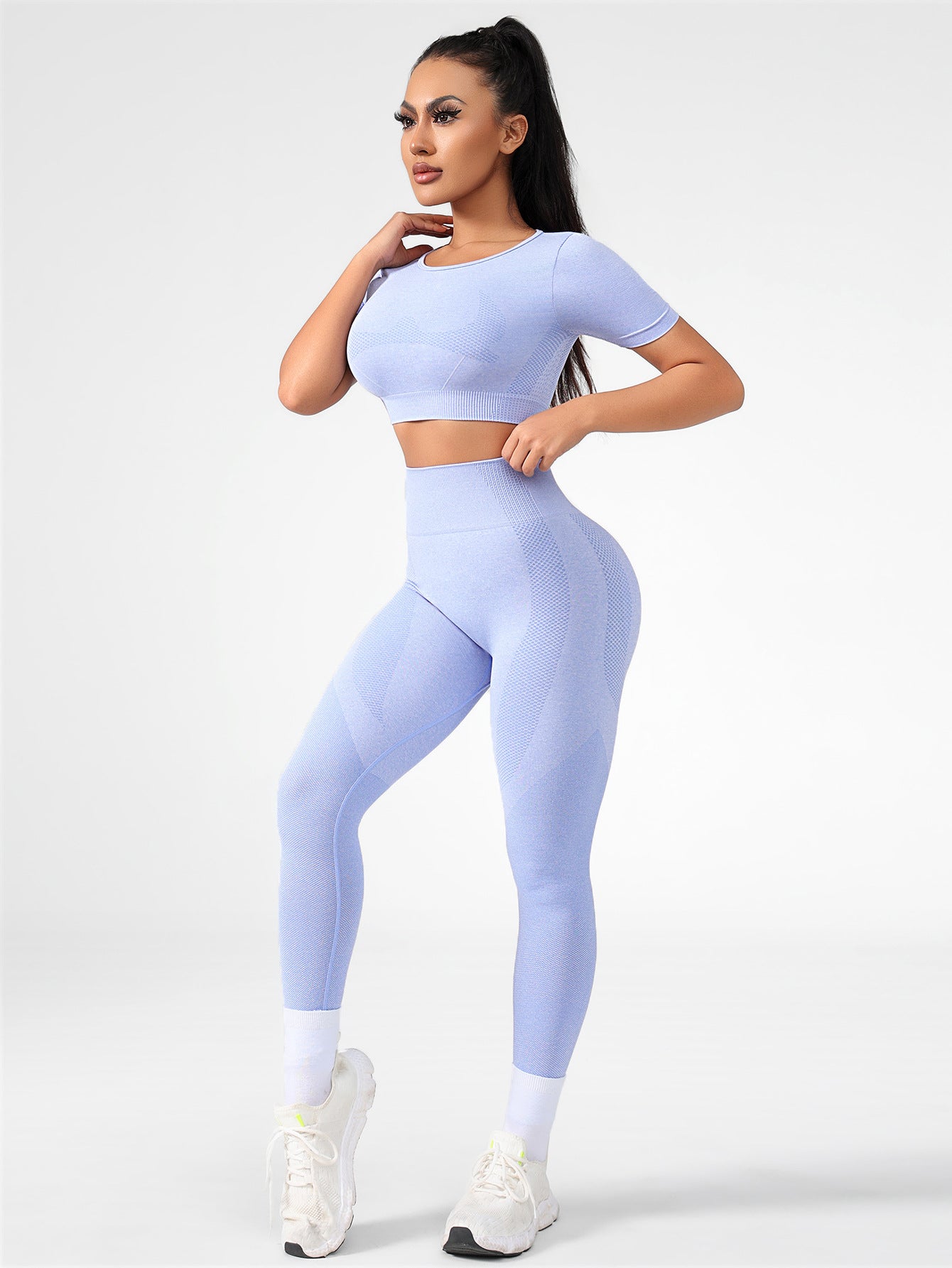 Lila Zen Seamless Gradient Contour Short Sleeve Crop Top & High-Waisted Leggings Set
