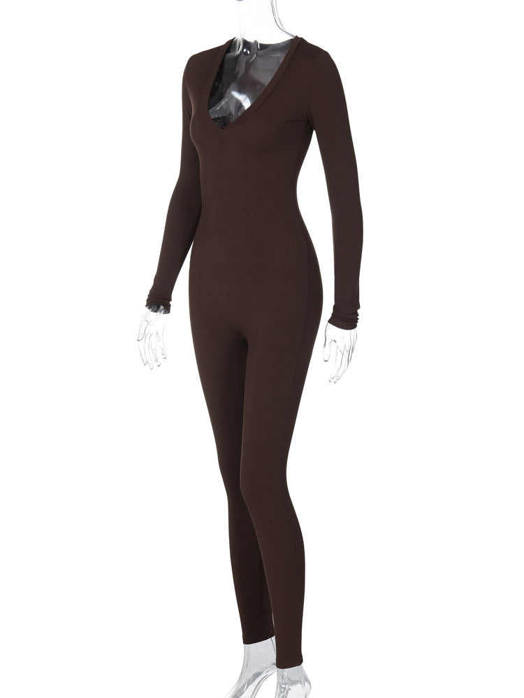 Casual Ribbed Deep V-Neck Long Sleeve Skinny Jumpsuit