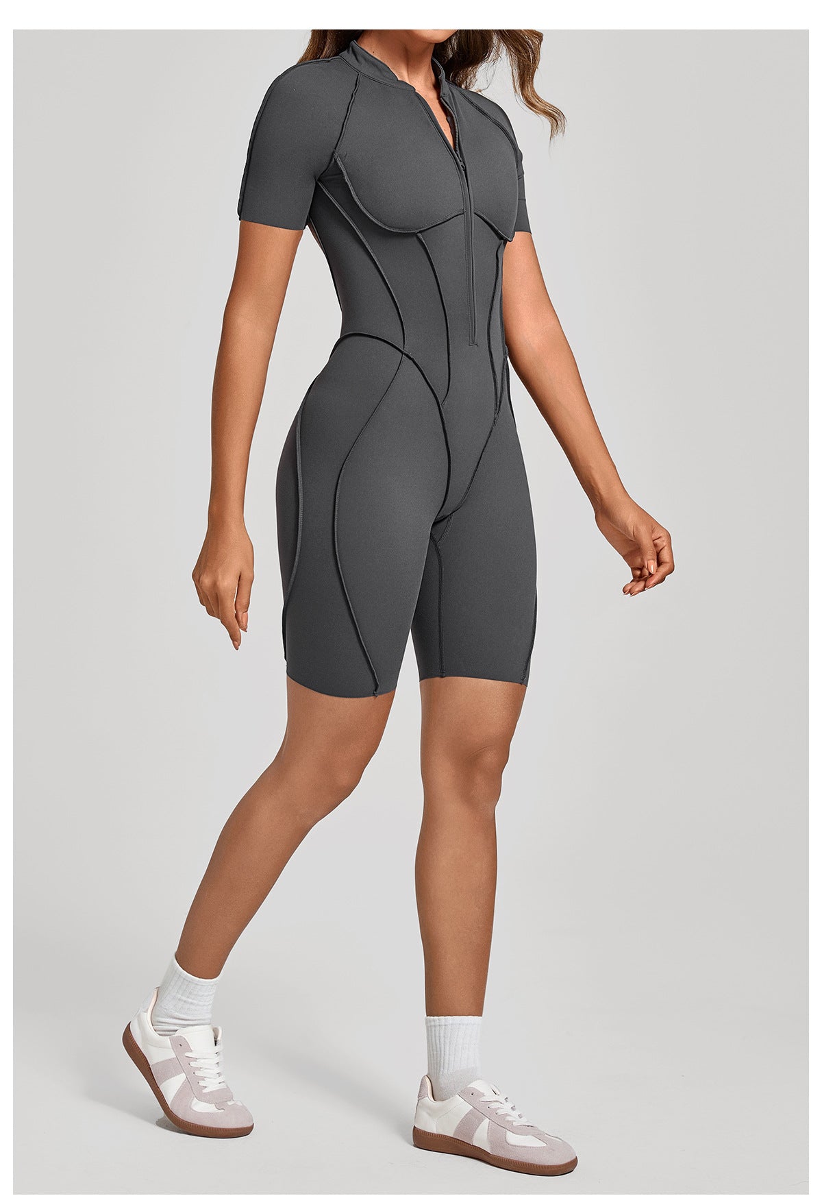 Zip Front Open Back Sculpt Seam Short Romper
