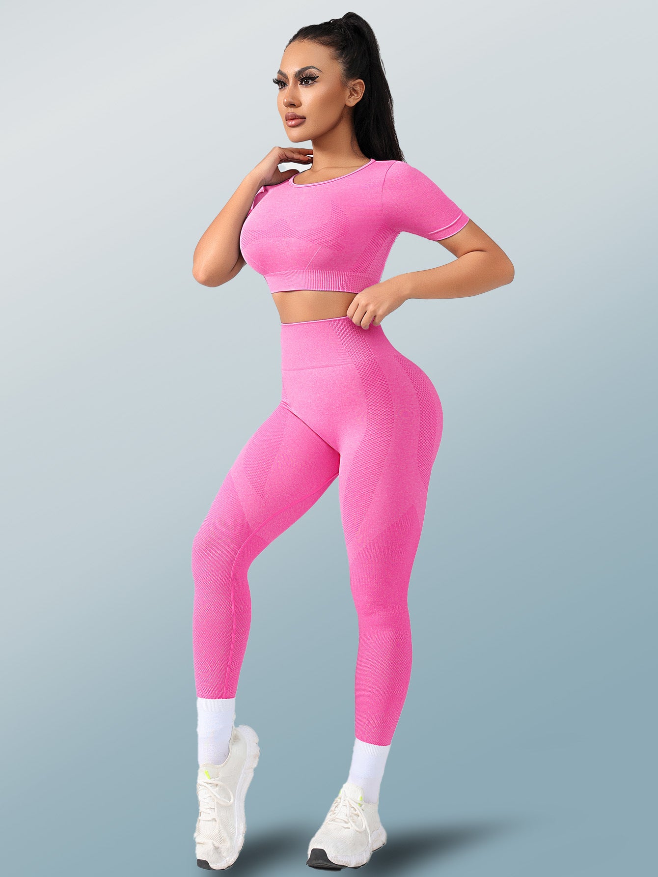 Lila Zen Seamless Gradient Contour Short Sleeve Crop Top & High-Waisted Leggings Set