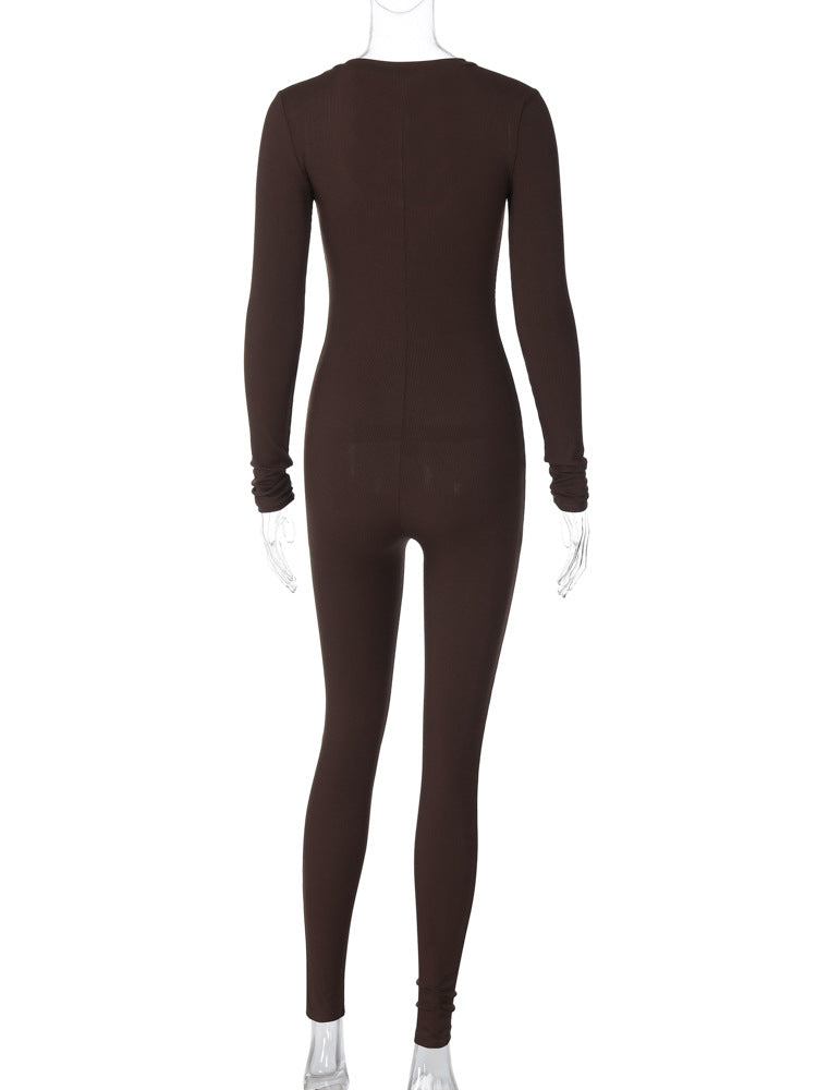 Casual Ribbed Deep V-Neck Long Sleeve Skinny Jumpsuit