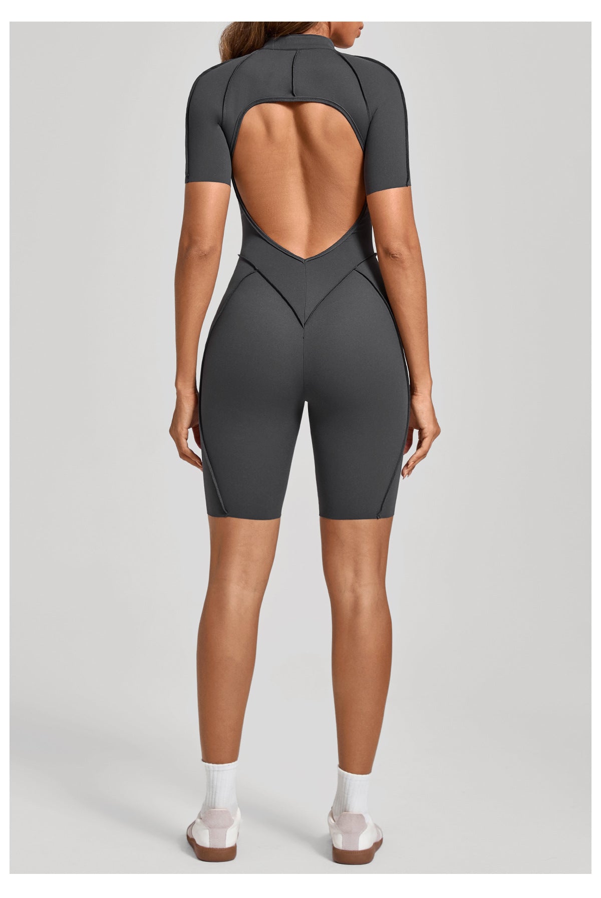 Zip Front Open Back Sculpt Seam Short Romper