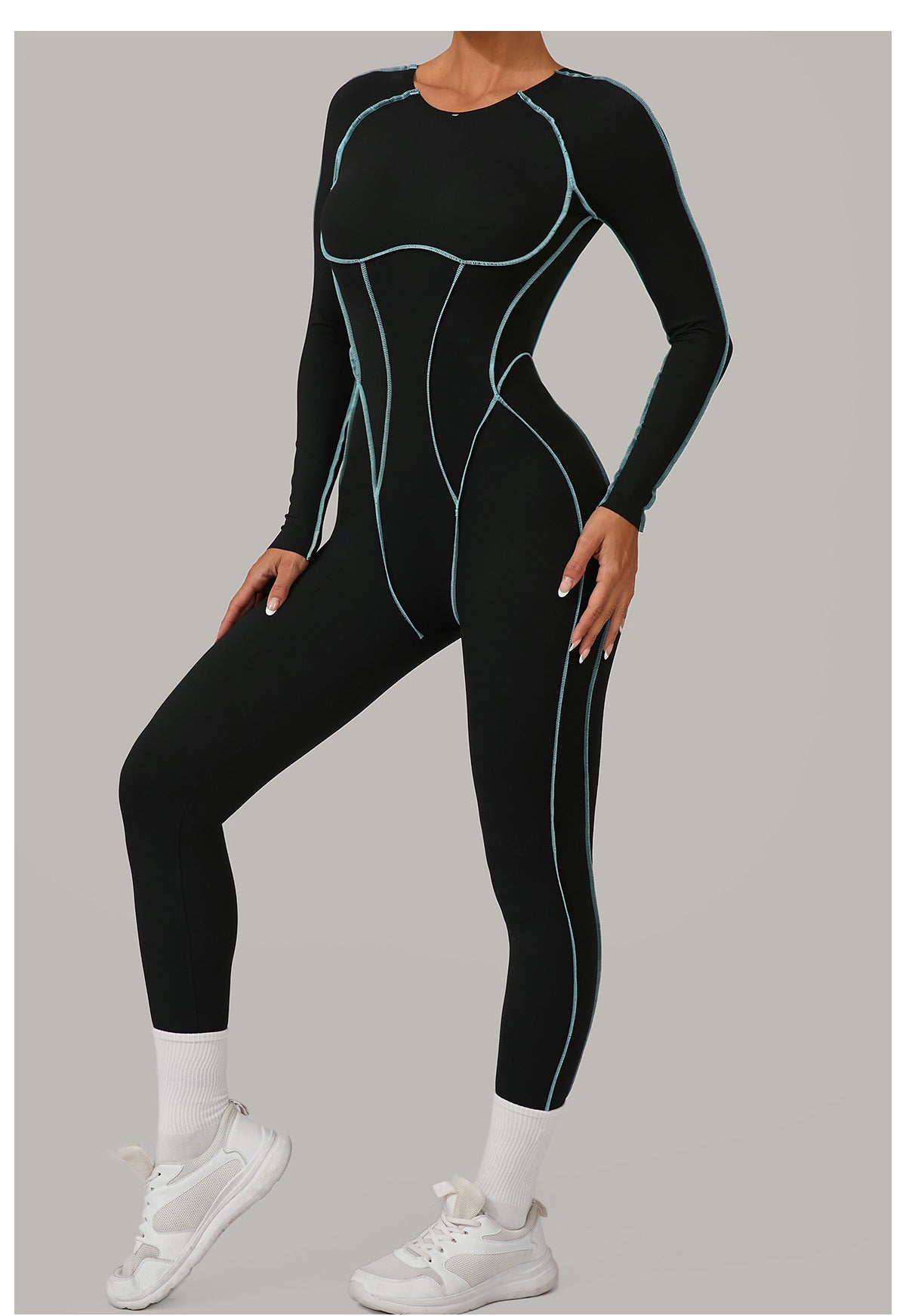 Contrast Seam Open Back Long Sleeve Jumpsuit