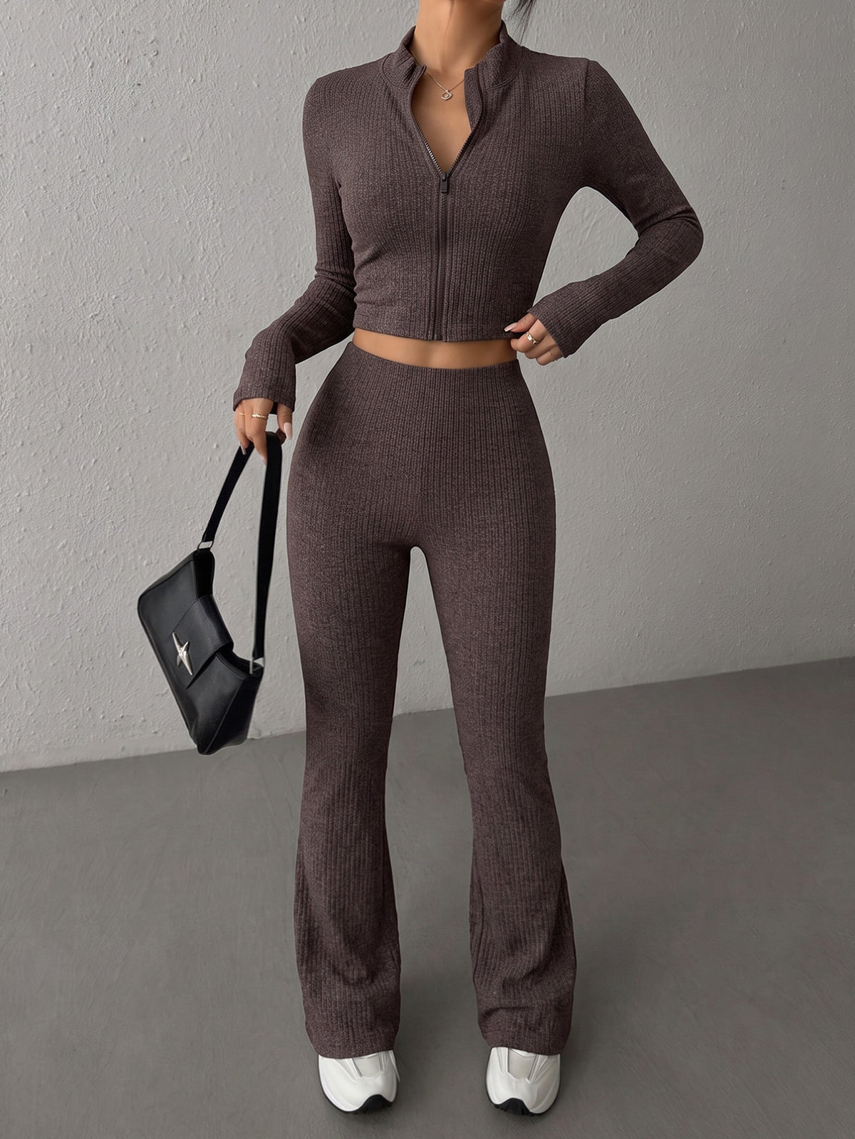 Half-Zip Cropped Long Sleeve Top & High-Waist Leggings Set