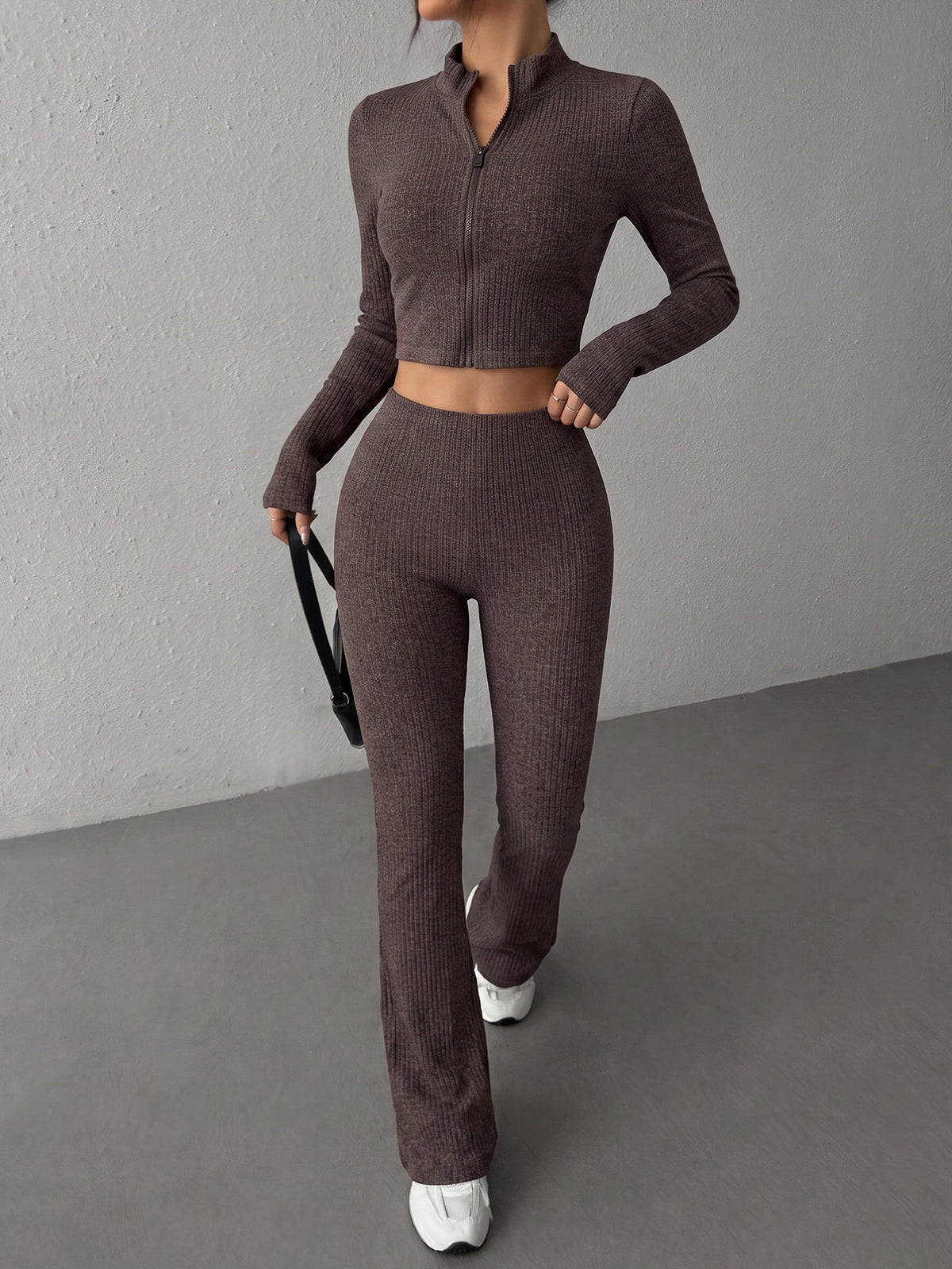 Half-Zip Cropped Long Sleeve Top & High-Waist Leggings Set