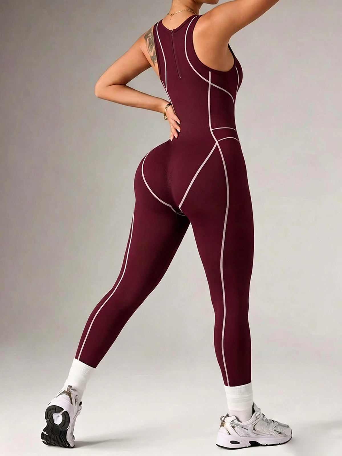Contrast-Piped Back-Zip Full-Length Jumpsuit