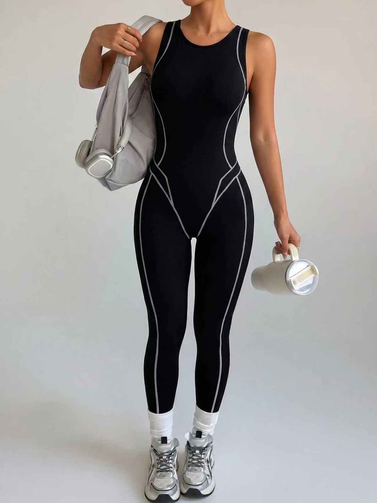 Contrast-Piped Back-Zip Full-Length Jumpsuit