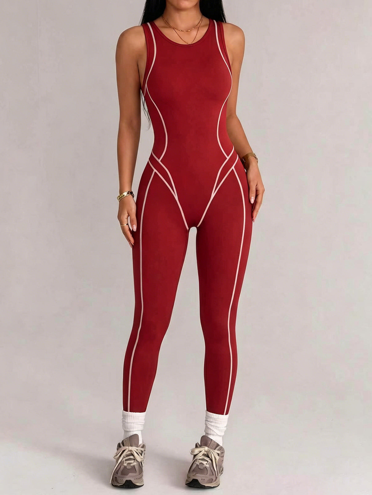 Contrast-Piped Back-Zip Full-Length Jumpsuit