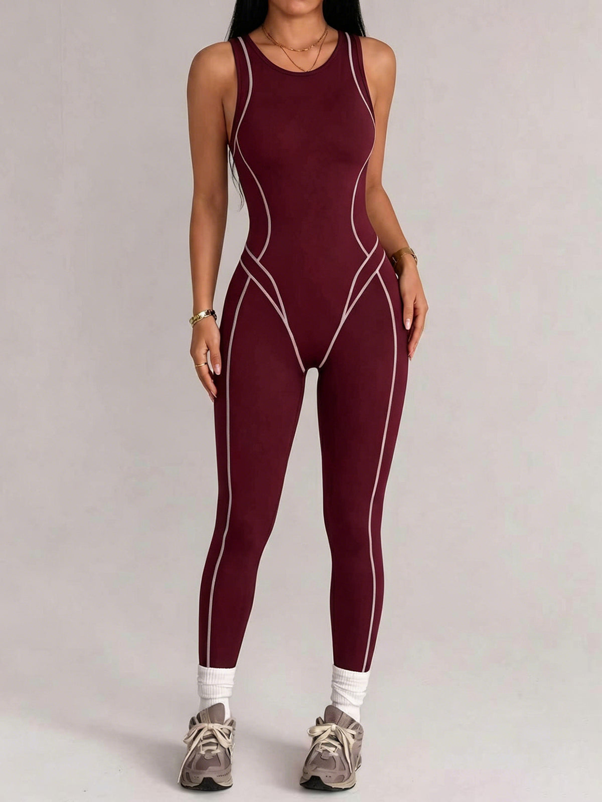 Contrast-Piped Back-Zip Full-Length Jumpsuit