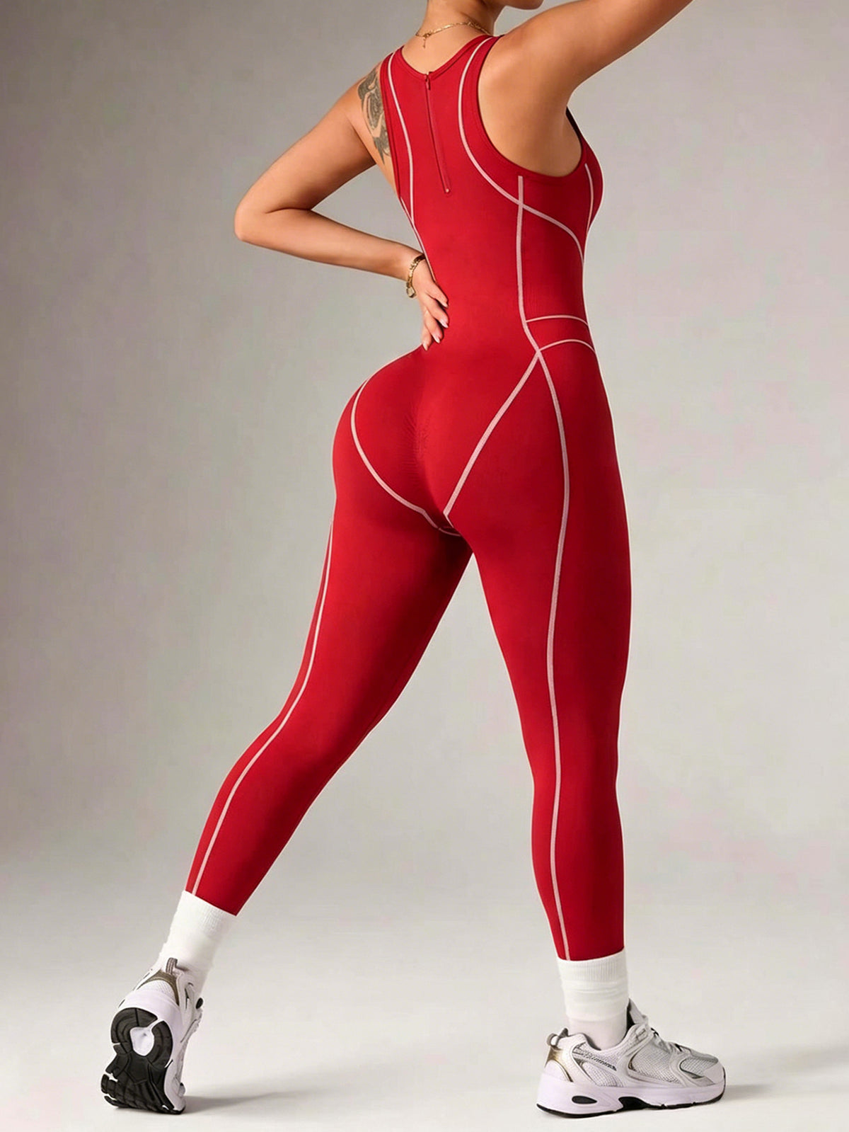 Contrast-Piped Back-Zip Full-Length Jumpsuit