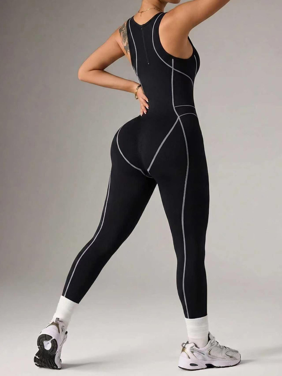 Contrast-Piped Back-Zip Full-Length Jumpsuit