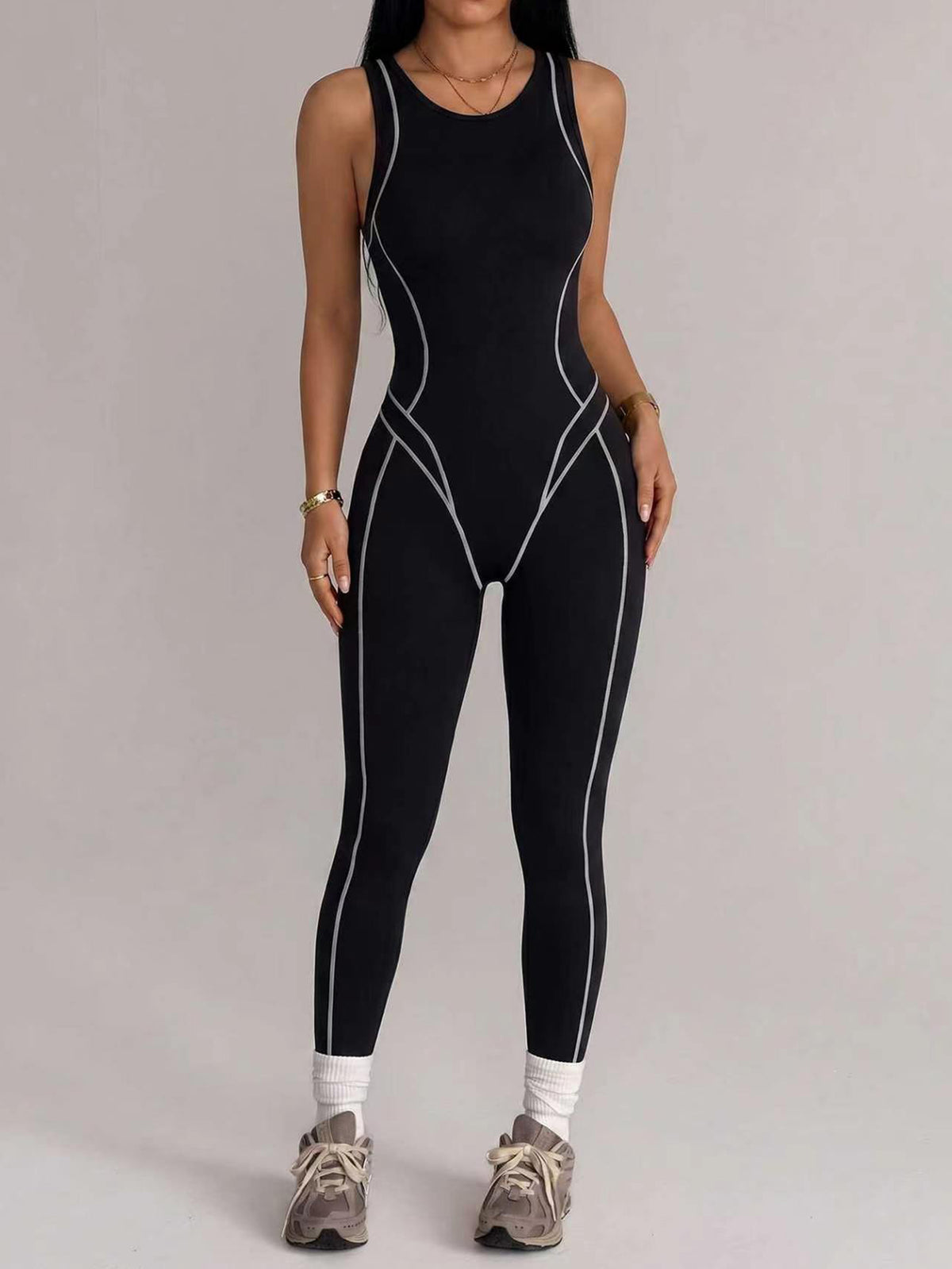 Contrast-Piped Back-Zip Full-Length Jumpsuit