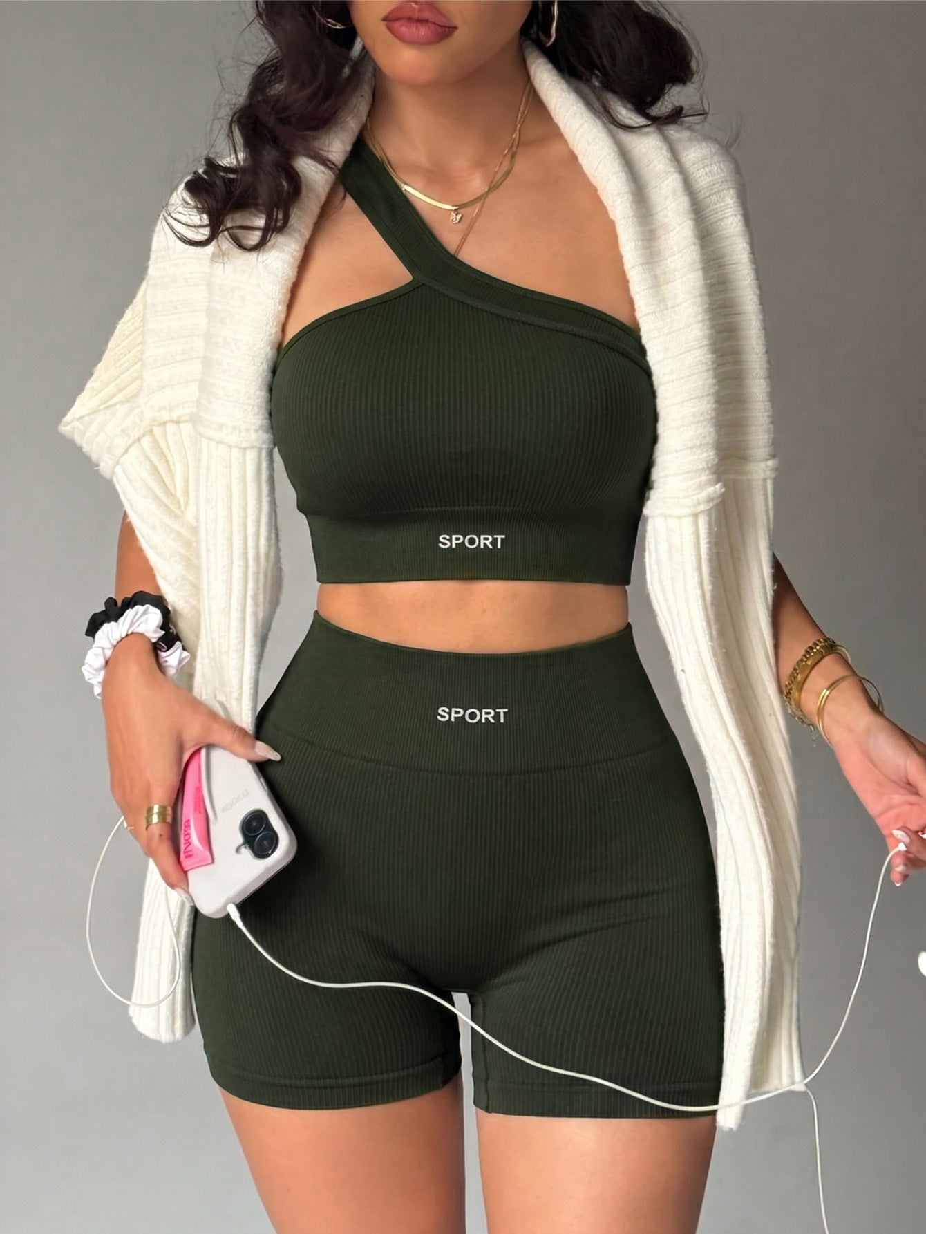 Lila Zen One-Shoulder Seamless Ribbed Sports Bra & High-Waisted Shorts Set