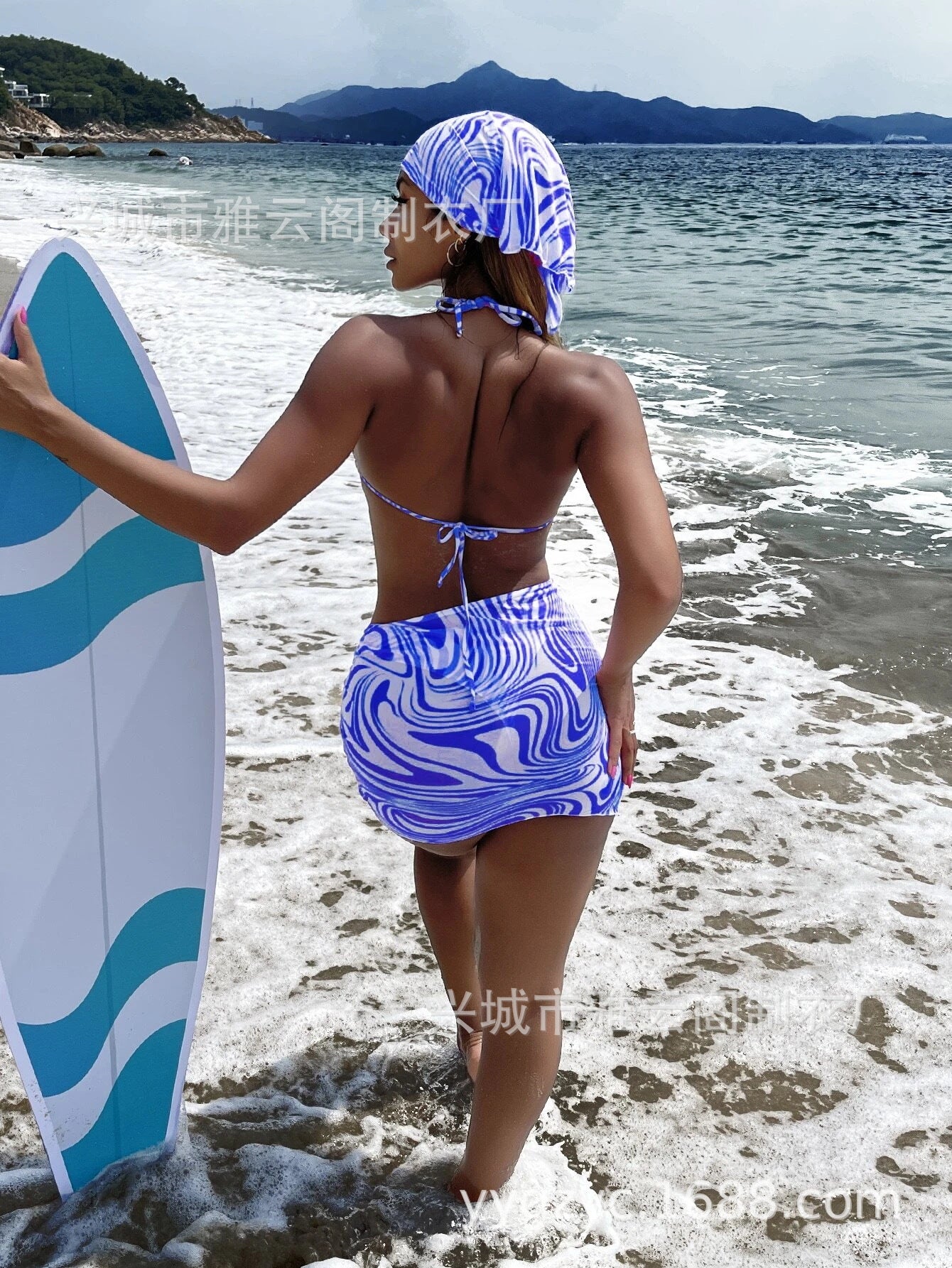 Swirl Print Triangle Bikini & Ruched Mini Skirt Set