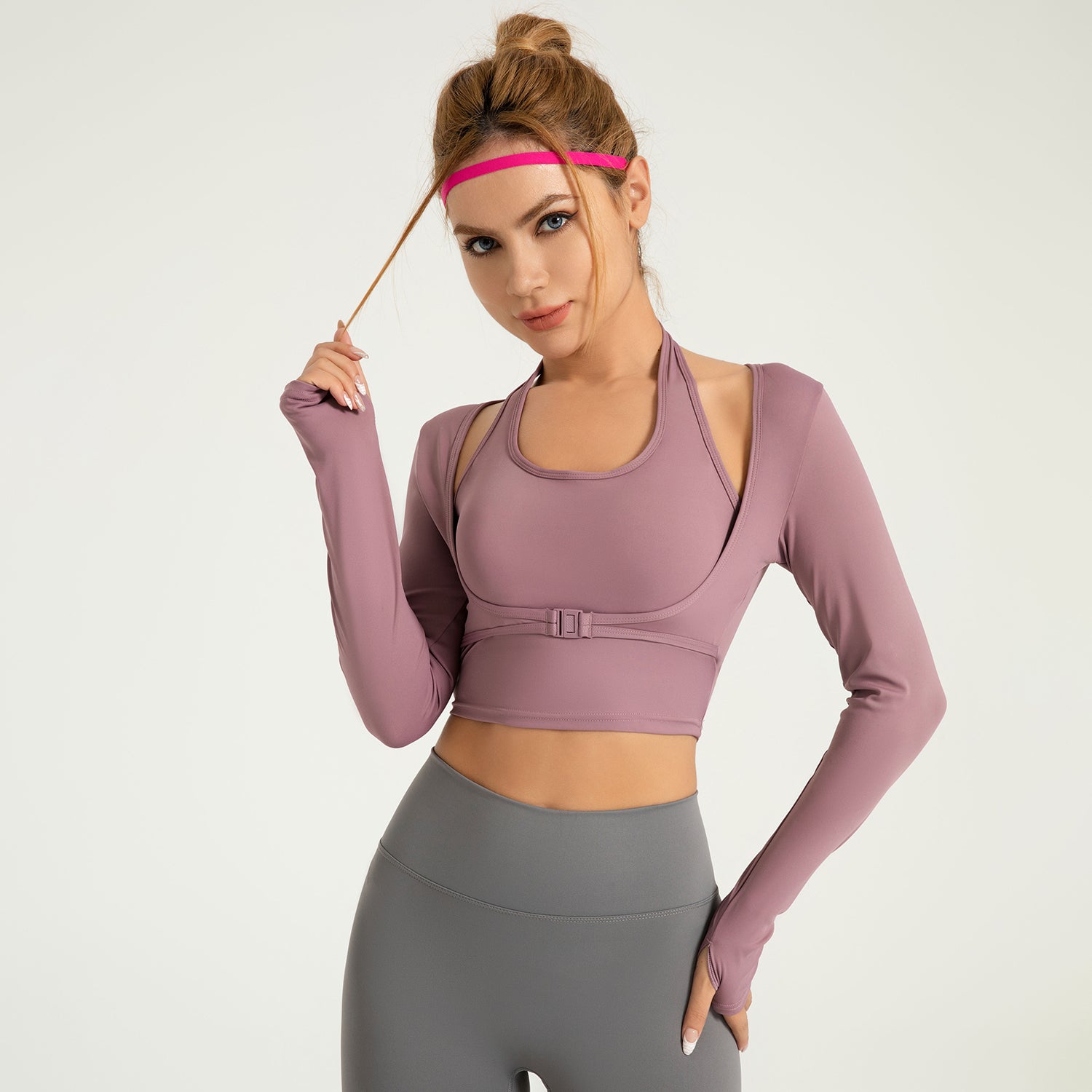 Halter-neck front buckle sports long sleeve