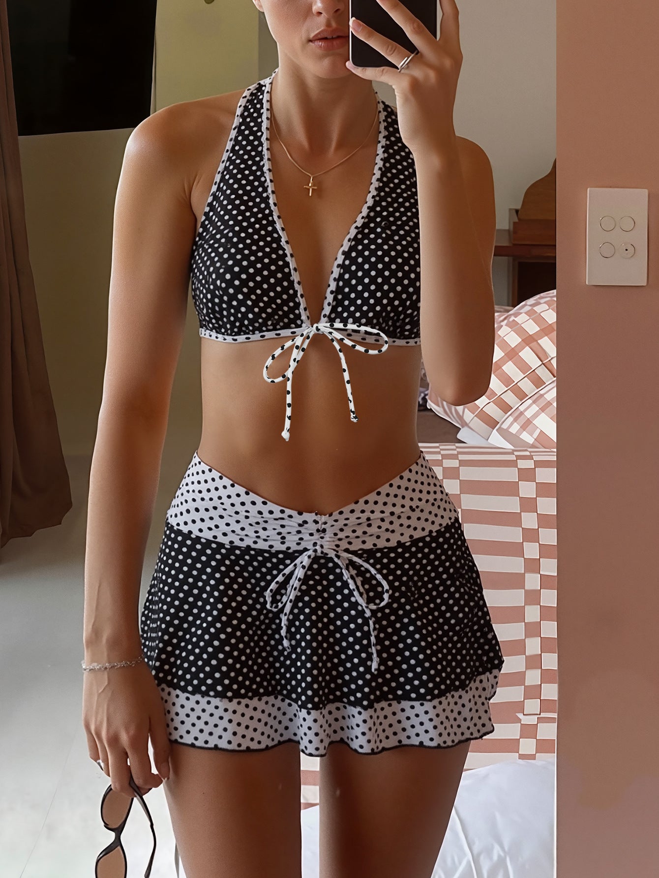 Polka Dot Halter Swim Set with Ruffle Skirt